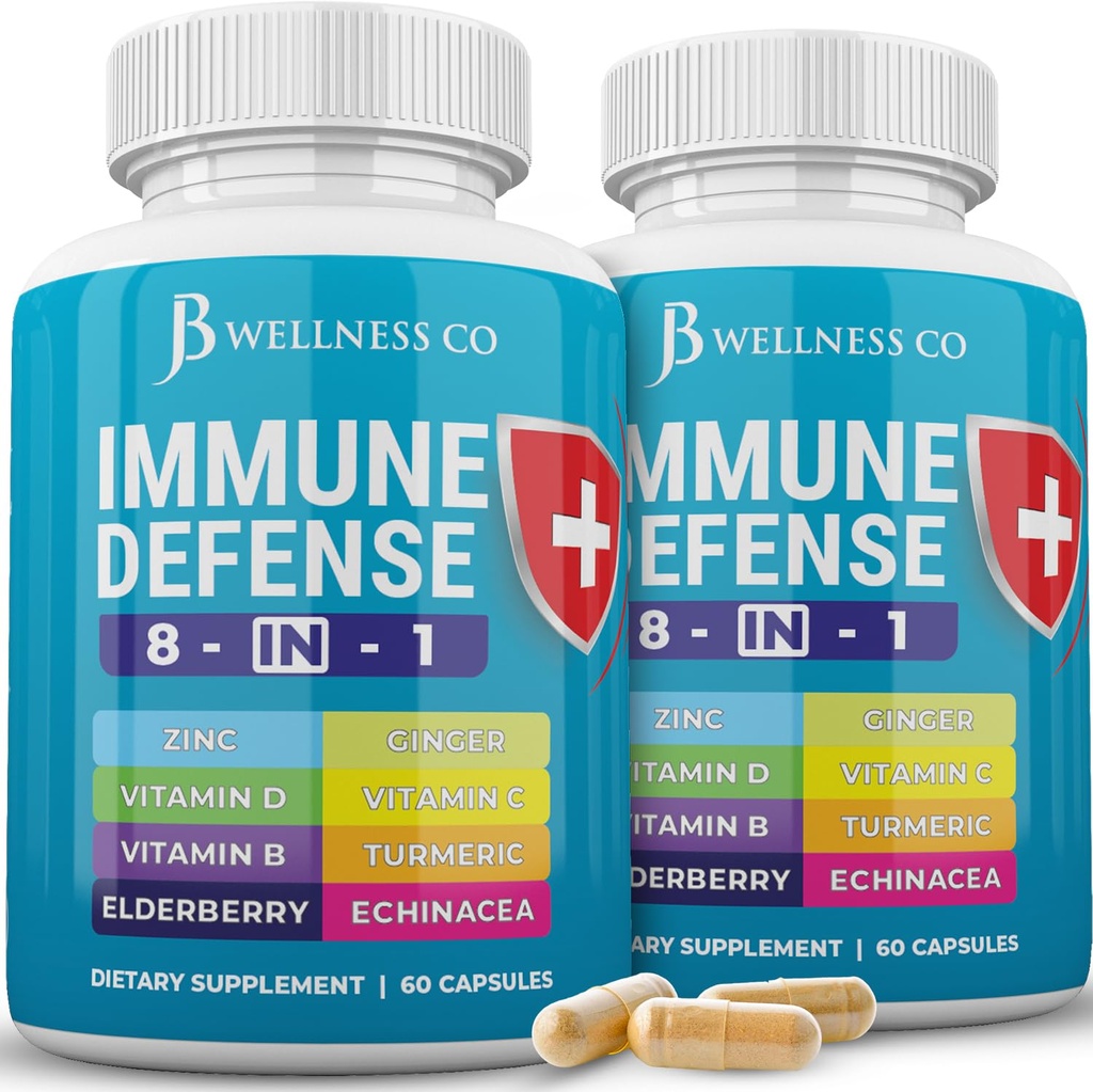 JB Wellness Co Immune Support 8 in 1 Capsules - Zinc Supplement, Vitamin D3, Vitamin C and Elderberry - Immune Booster with Echinacea, Ginger Root, and Turmeric - [2-Pack]