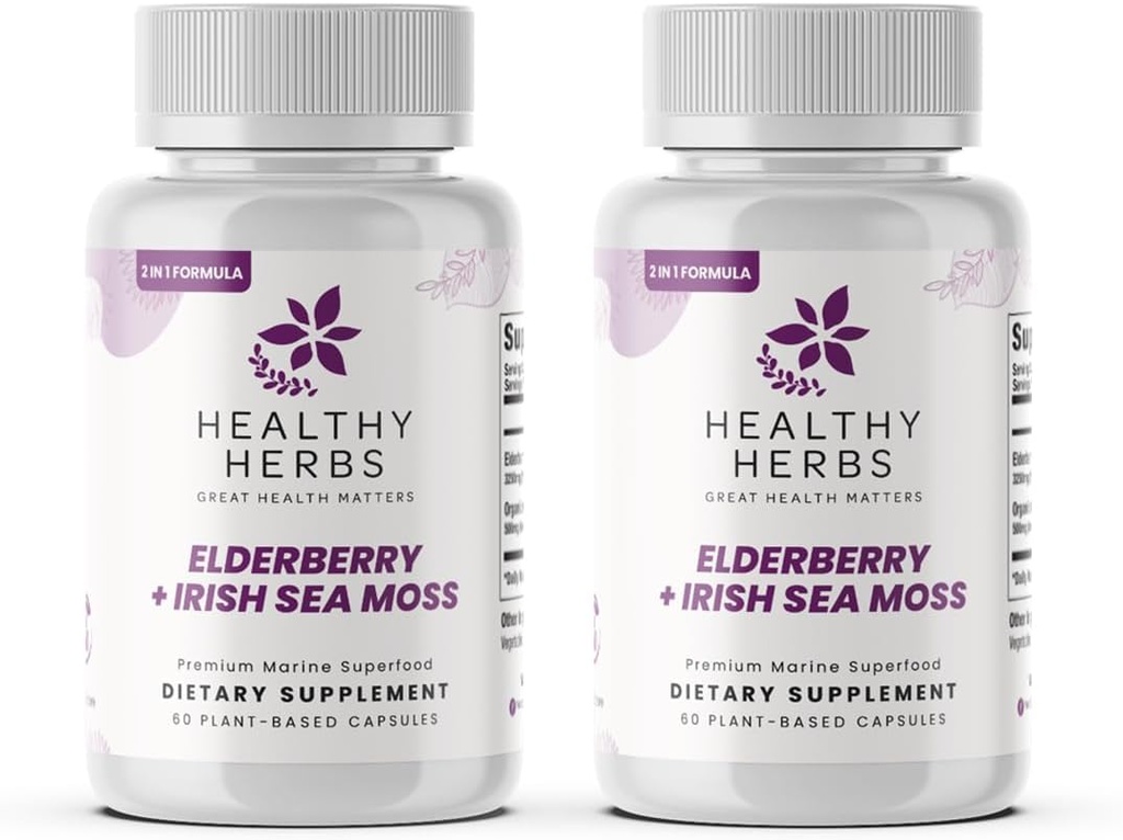 Healthy Herbs Wildcrafted Elderberry Sea Moss Capsules | 2600mg Irish Sea Moss + Elderberry Essentials Blend | US-Made, Vegan, Non-GMO, Easy-Swallow (2-Pack)