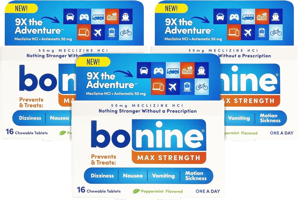 Bonine MAX Chewable for Motion Sickness Relief - с Meclizine HCL 50mg - Max Strength Formula to Treat Nausea or Motion Sickness - Cruise Essentials - Peppermint - 16 Chewable Tablets, 3 Pack