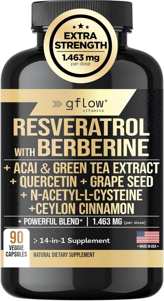 Resveratrol Supplement med Berberine Green Tea Extract, Ceylon Cinnamon, Grape Seed & Quercetin1000mg Quercetin, N Acetyl cystein, Acai | 100% Naturlig, Max Styrka | Made in USA