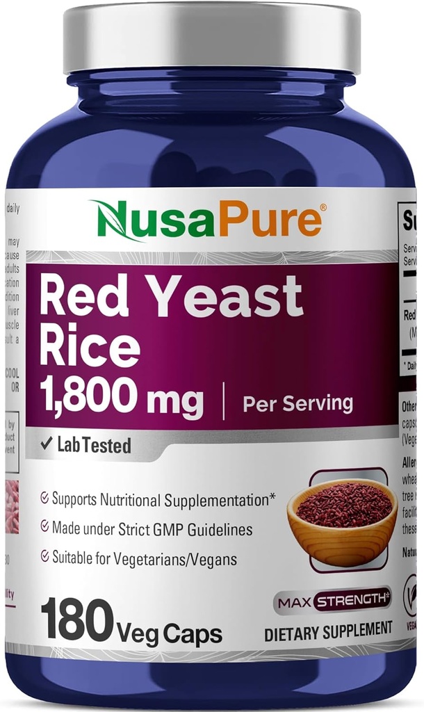 NusaPure Red Yeast Rice 1800mg 180 cápsulas de Veggie (Non-GMO, Vegan)
