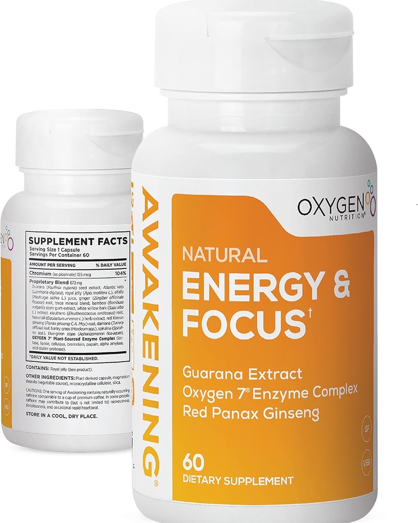 Risvegliamento dell'energia naturale & Focus Nootropic Supplemento con Panax Ginseng, Guarana Extract & Chromium Picolinate | Integratore del cervello per Focus, Energy, Mood & Clarity | Gluten Free Veggie, USA - 60 Caps