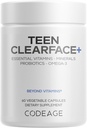 Codeage Tiener Clearface Adolescent Face, Skin & Pimples, Vitamines A, C, D3, E, Pantothenic Acid, Niacin, Zink Supplement Tieners, Probiotica, L-Lysine, Omega-3, Oily Skin, Pores, Spots - 60 Capsules