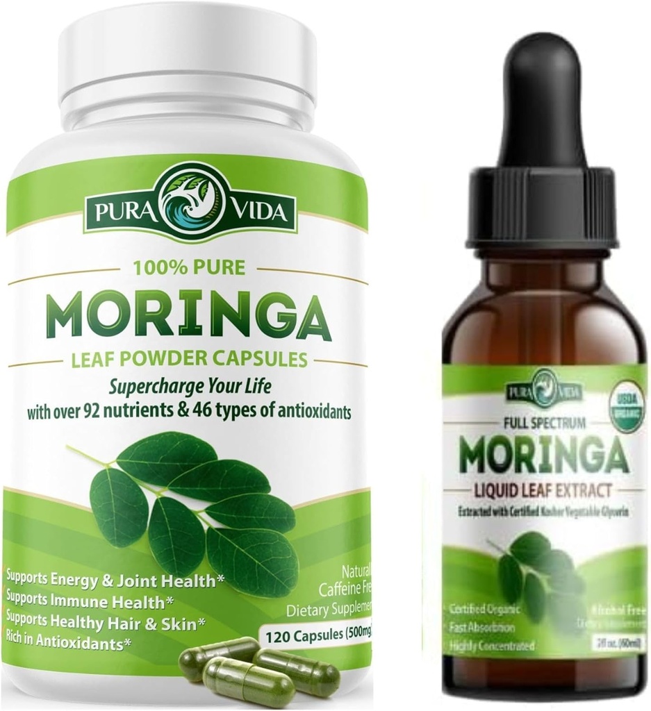 PURA VIDA MORINGA Kapsle (120 hrabě) a Moringa Leaf Extract Drops (2fl oz)