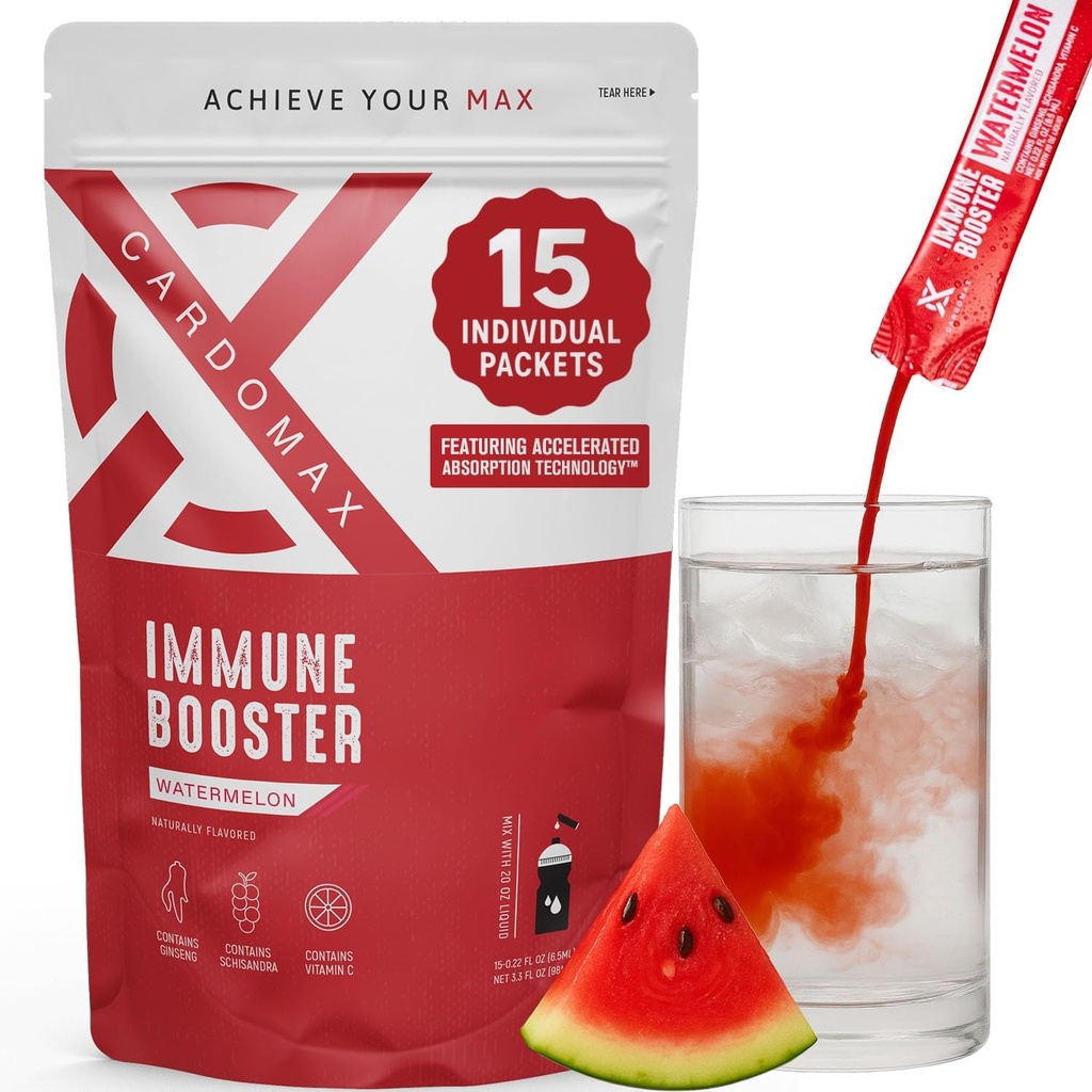 CardoMax Immunität Booster Liquid Drink Mix mit Ginseng und Vitamin C für Kinder und Erwachsene, Immununterstützung Ergänzung für Energie und Wellness, Wassermelone Flavor, 15 Single-Serve Liquid Stick Packs