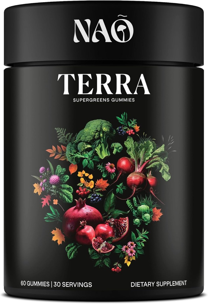 Terra Supergrees Gummies – 18 siêu thực phẩm với Spirulina, chlorella, Turmeric, Reishi & Ashwagandat – Daily Antioxidant, Detox & Immunune profement – Vegan, Non-GMO, make in USA