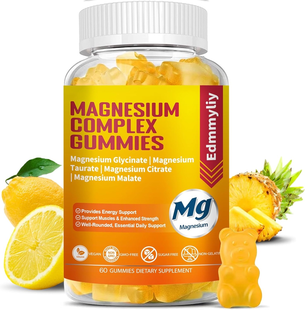 Triple Magnesium Complex Gummies Supplement for Women & Men Sugar Free High Absorption Magnesium Glycinate, Taurate, Malate, Citrate Complex Supplement with Vitamin B6, B12 & D3 for Adult…