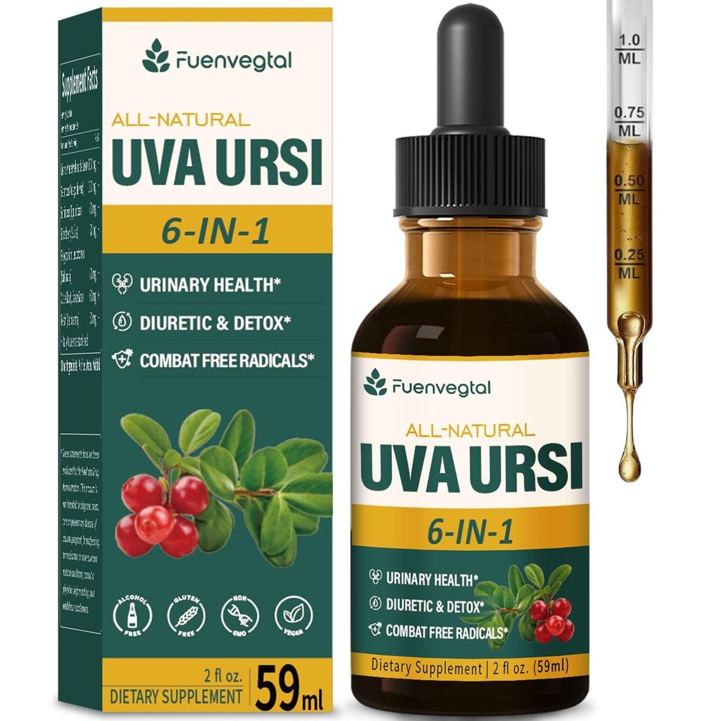Fuenvegtal Uva Ursi Bearberry Natural Diuretic Drops, Urinary Health & Kidney Cleanse Detox Herbal Supplement Support UTI & Water Away, Extract W/Dandelion Root Cranberry, Alcohol-Free Tincture.2oz