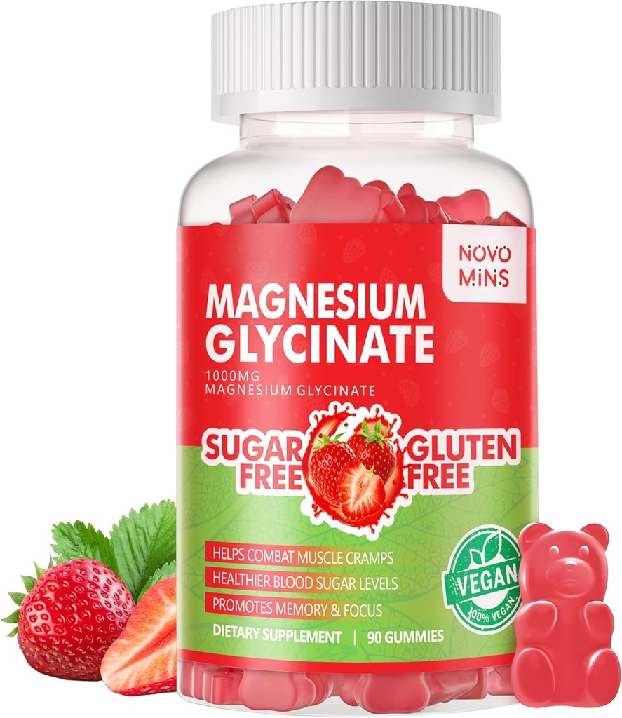 90 CT Glicinato de Magnésio Gummies - Suplemento de Magnésio Potássio sem Açúcar com Vitamina D, B6, CoQ10 para acalmar o humor e o apoio ao sono - 90 Gomas de Morango