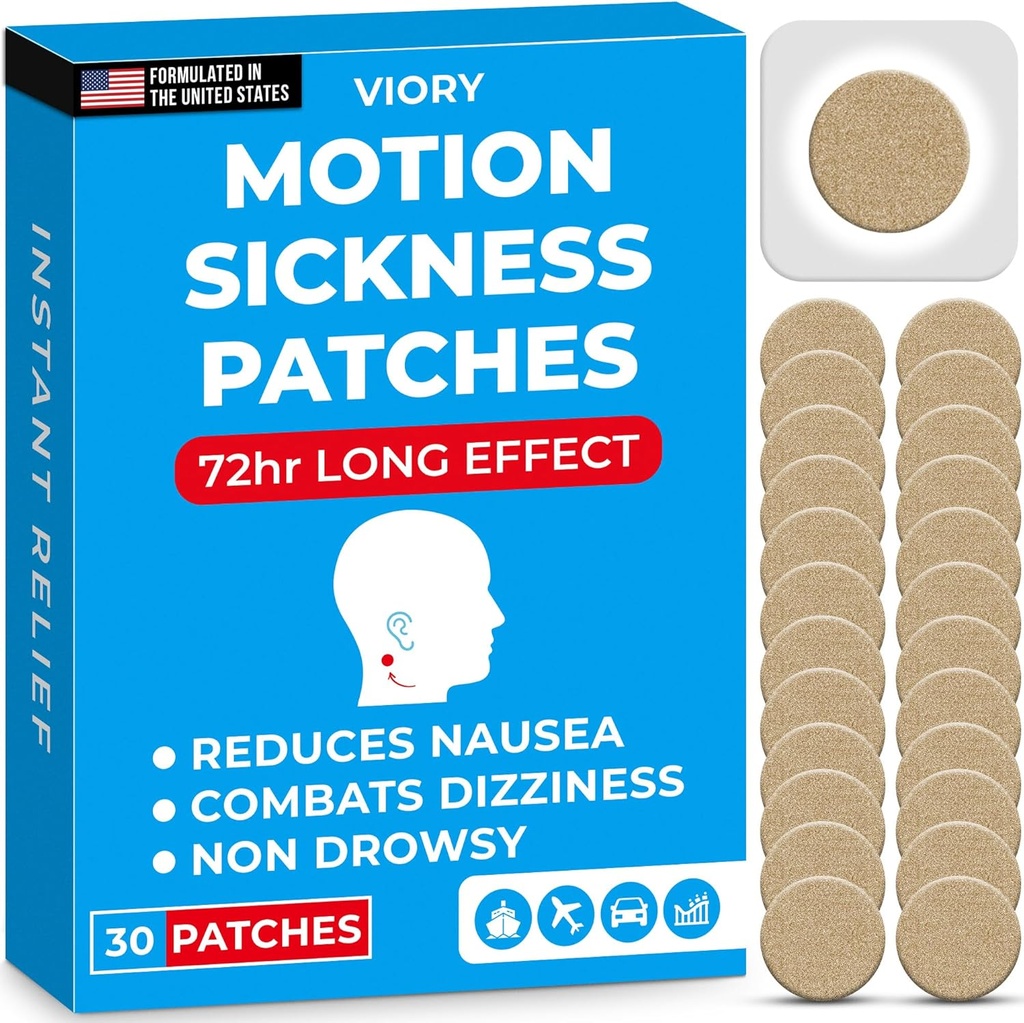 VIORY Motion Sickness Patches for Car and Boat Rides, Ships, Cruise and Airplane & Other Forms of Transport - Travel Essentials, for Възрастни и Деца (30 count)