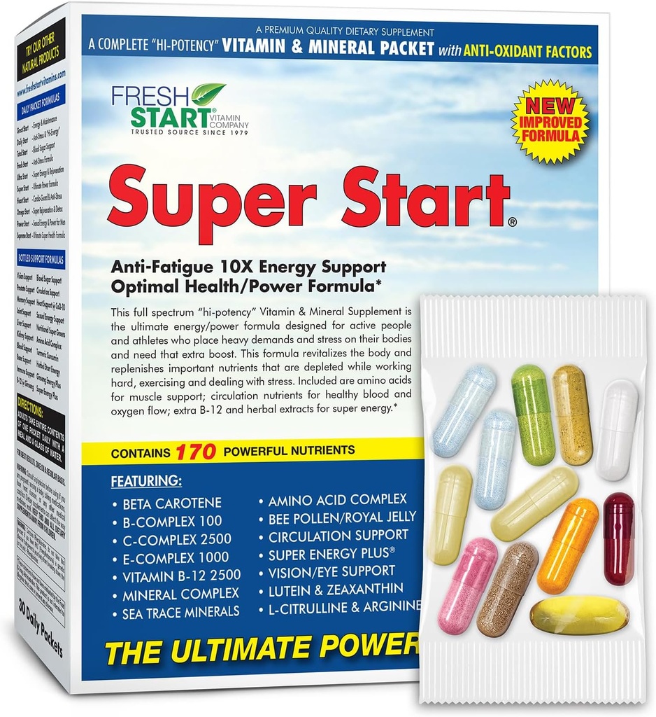 Super Start Complete Daily Vitamin Pack | 10X Energy & Stamina Booster, Muscle Support | Vitamina A, B, C, D, E, B12, Minerais, Aminoácidos, Bee Pollen, Ashwagandha, Panax Ginseng (30 Packets)