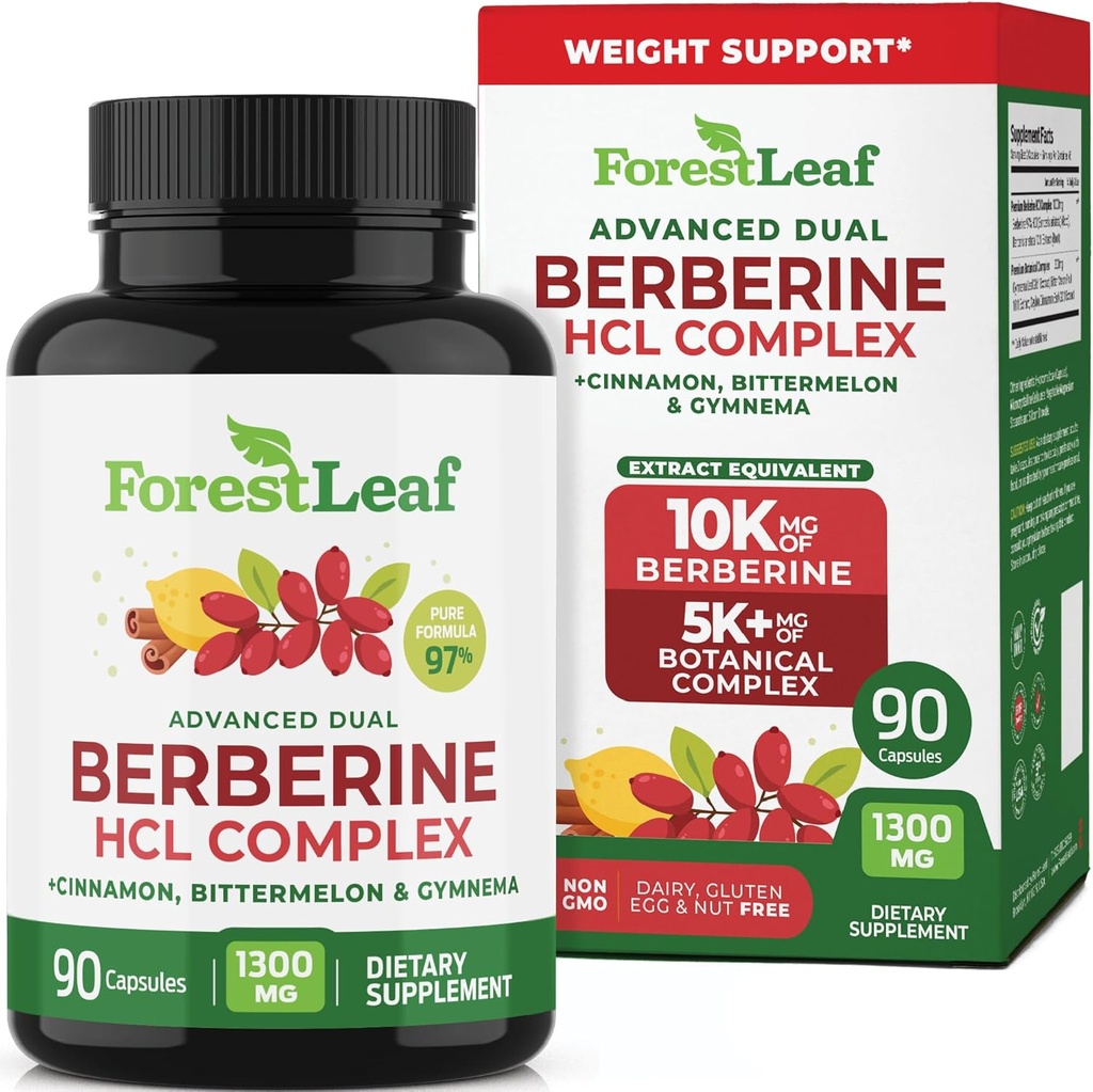 ForestLeaf Berberine Supplement - GLP-1 Inspirierte Formel - 1300mg pro Servieren - Ultra High Potency Berberine HCl mit Ceylon Cinnamon, Bitter Melon & Gymnema - Weight Management Support - 90 Caps