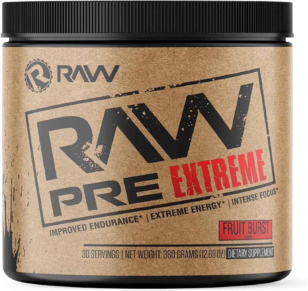 RAW Preworkout Extreme | High Stimulant Preworkout Powder Drink, Extreme Energy, Focus and Endurance Booster | 최대 이득을위한 운동 중의 폭발 강도와 펌프 | 과일 버스트 (30 인분)