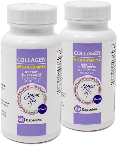 Carson Life Collagen Capsules with วิตามิน C - 60 C Capsules - Dateary Supplement for Antition Apping, Immun Profile, mym, หนังและเล็บทําใน USA (2 แพ็ค)