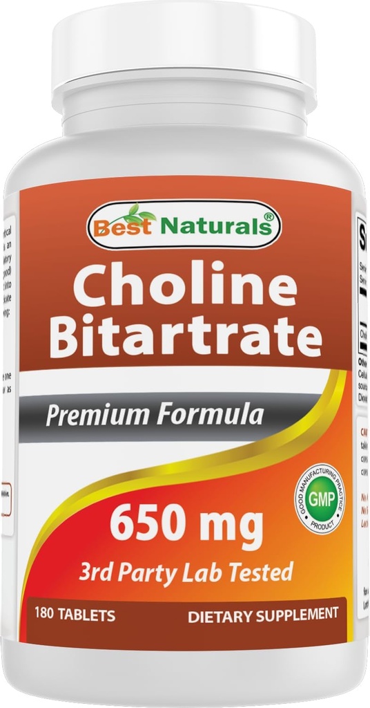 Best Naturals Choline Bitartrate 650 mg (non OGM) per il cervello cognitivo sano Funzione 180 compresse