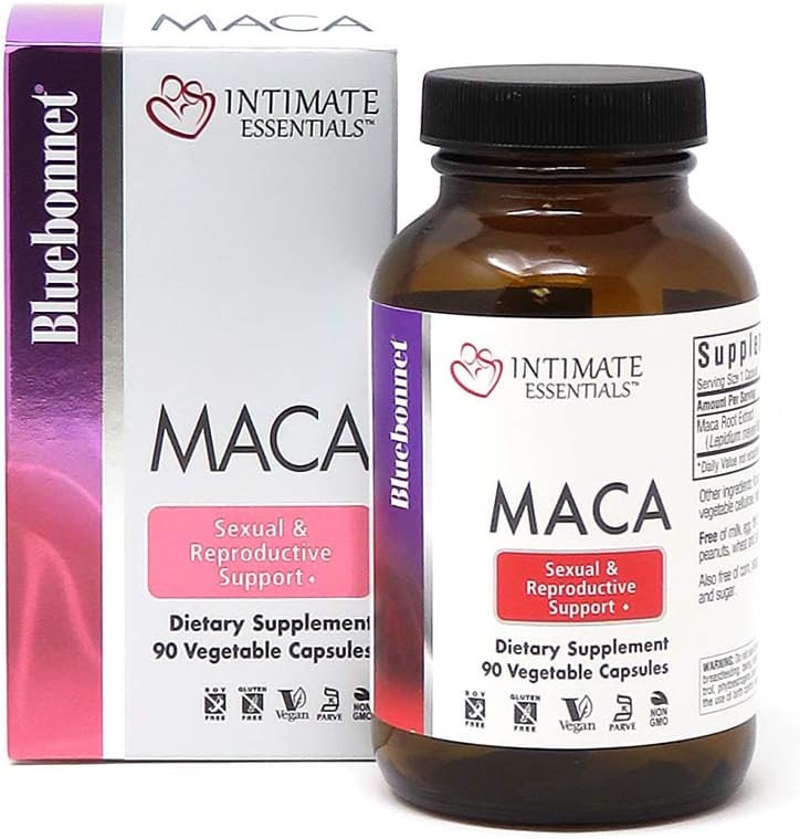 Bluebonnet Nutrition Intimate Essentials Maca Capsules, Soy-Free, Gluteeniton, Ei-GMO, Dairy-free, Kosher Certified, Vegan, 90 kapselia, 90 tarjoilua (743715040144)