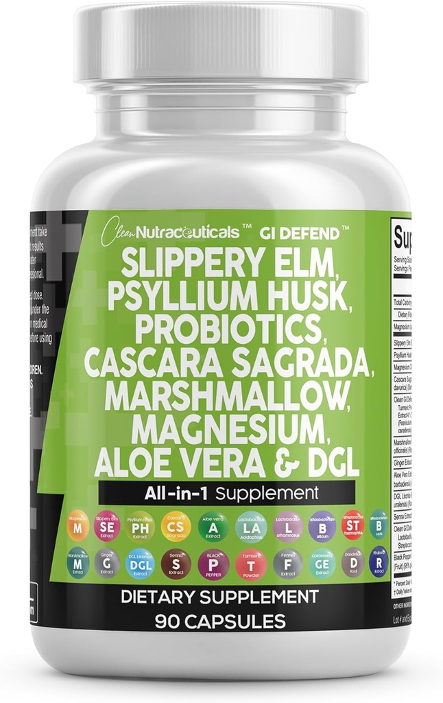 Clean Nutraceuticals Slippery Elm Psyllium Husk Pre Probiotic Digestive Gut Zdravie Supplement with Aloe Vera Cascara Sagrada Marshmallow Root DGL Licorice Senna Extract