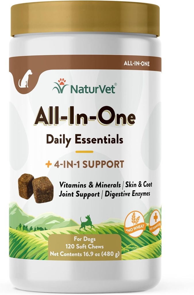 NaturVet All-in-One Dog Supplement - 供联合支援,文摘,皮革,Coat Care – 狗多维塔明与矿物,Omega-3,6,9 – 狗无小麦维生素 – 120 Soft Chews