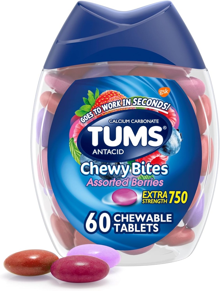 TUMS Chewy Bites Antacid טבליות עבור Chewable Heartburn הקלה ו Acid Indigestion הקלה, Assorted Berries - 60 Count