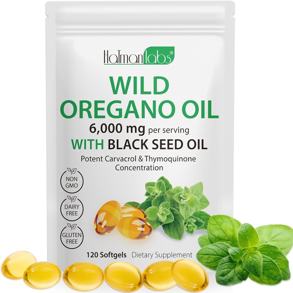 Kapsule Origano Oil,2 v 1 6000mg Olje Origano s črnim oljem, Wild Origano Oil Imunska in antioksidantna podpora,Non-GMO, Gluten Free,120 Softgels (1 vrečka)