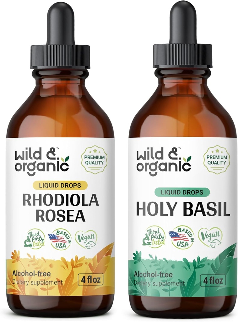 Wild & Luomu Rhodiola Rosea Tincture 4 fl oz & Holy Basil Tincture 4 fl oz