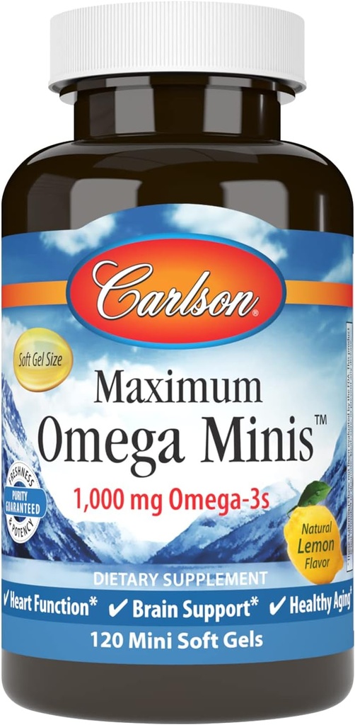 Carlson - Maksimum Omega Minis, 1000 mg Omega- 3s, Heart Function, Brain Support & Sund Aging, Lemon, 120 Mini Softgels