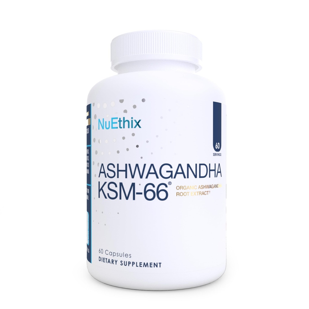 NuEthix Formulations Ashwagandha KSM 66, 500mg of KSM-66 Root Extract, Mood, Stress, & Cognitive Support, BioPerine Black Pepper Extract, Gluten Free, Vegetarian, Non-GMO, & Dairy Free, 60 Servings