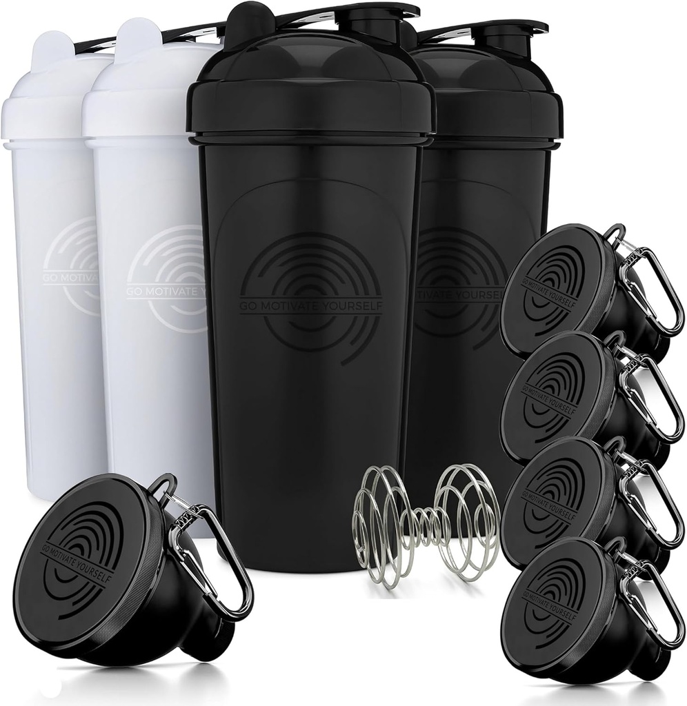 GOMOYO Fitness Bundle - 4 Pack Shaker Sticle cu Agitator + 5-Pack Proteine Funnels cu Carabiner, BPA-Free & Dishwaster Safe