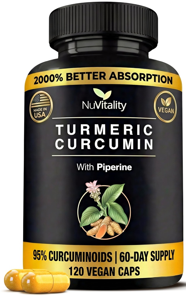 Turmeric Curcumin Supplement with Black Pepper Extract (Piperine) - 95% Curcuminoids for Joint & Healthy Inflammation Support - Enhanced Absorption Vegan Turmeric Supplement - 120 Capsules