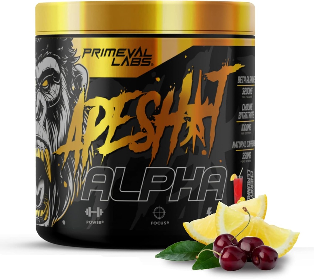 Primeval Labs Ape Alpha Natural Pre Workout für Männer und Frauen | Erhöhen Endurance und Fokus | 350mg Koffein Pulver | Beta-Alanine |L Citrulline | Nitric Oxide Booster | Kirsche Lemonade, 40 Servierungen