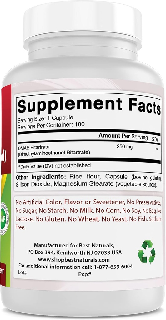 Beste Naturals DMAE Supplement 250 mg og vitamin B1 som Thiamin Mononitrat 100 mg