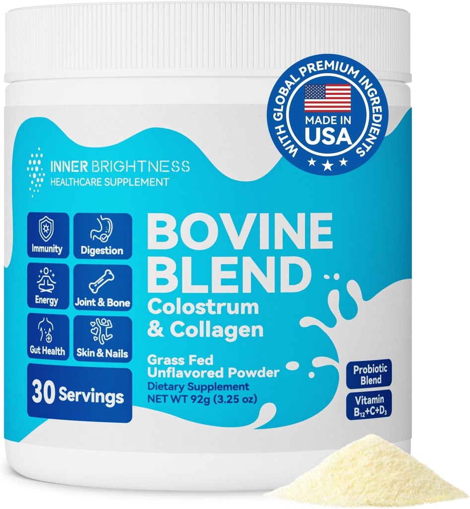 Bovine Colostrum &amp; Collagen Powder for Gut Health, Immune Support, Hair Growth &amp; Beauty Supplement, Sugar Free – IgG, Probiotics, Vitamina B12, C, D3 – Deflavored, 30 Servings