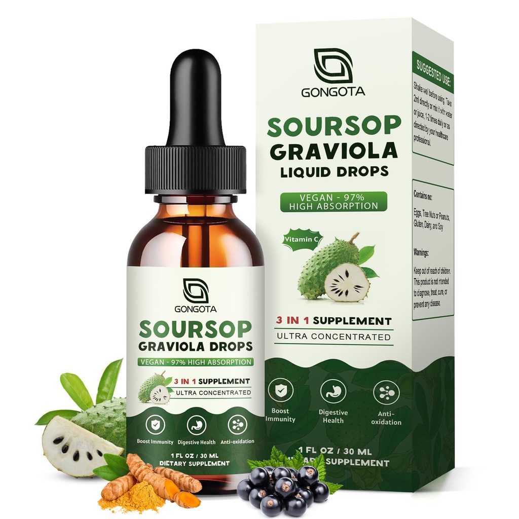 Soursop Graviola Liquid Drops, Organic Soursop Bitters with Elderberry & Turmeric for Cellular,Immune, Digestive Support, Herbal Extracts, Sugar Free/Gluten Free - 1 fl oz