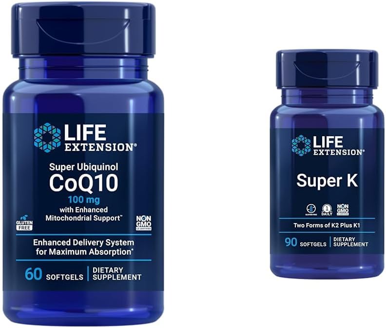 Life Extension Super Ubiquinol CoQ10 med forbedret Mitokondriel Support & Super K, Vitamin K1, Vitamin K2 mk- 7, Vitamin K2 mk-4