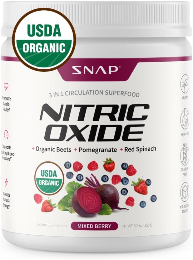 Snap 补充 USDA有机甜菜根粉,3-in-1 Nitric Oxide 补充 支持健康血压和血液循环,250g(混合莓)