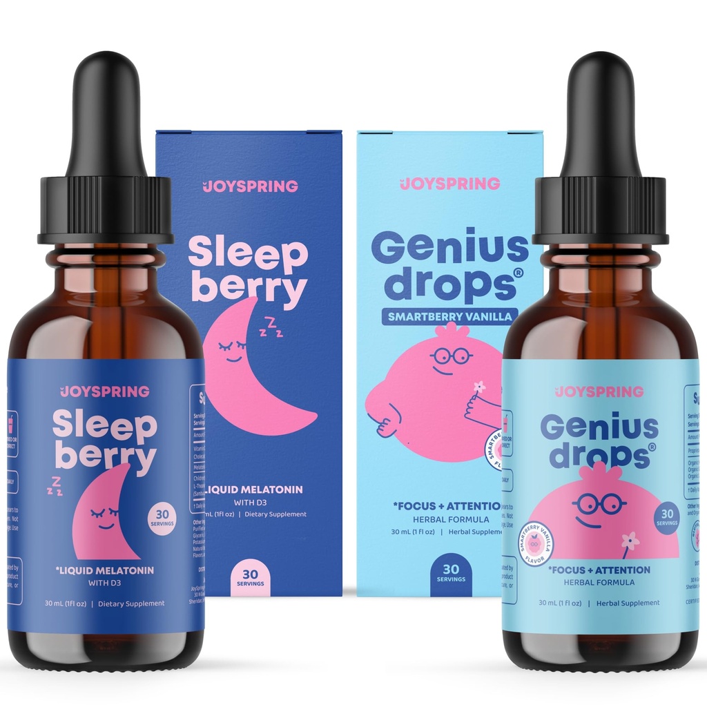 JoySpring SleepBerry Liquid Melatonin and Genius Drops Smartberry Vanilla for Kids