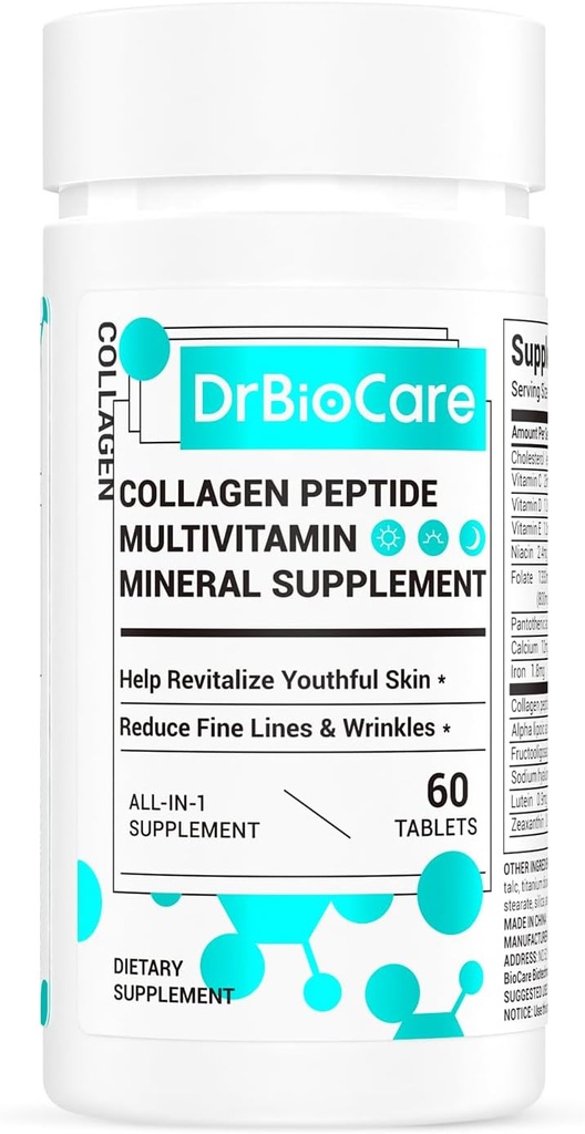 DrBioCare Peptides de coláxeno para mulleres, vitamina de beleza e suplementos minerais,Contaína vitamina D3, probióticos para mulleres e péptidos de coláxeno, complexo de vitamina B, vitamina E 60 tabletas
