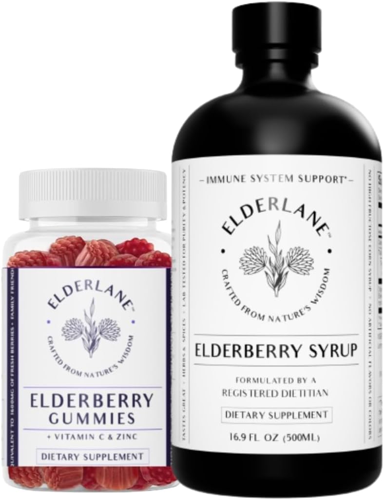 Elderlane Elderberry Sirupas ir Elderberry Gummies - Anksčiau RD Naturals - Imuninės paramos priedas suaugusiems ir vaikams - 16.9 Oz Sirupas ir 60ct Gummies