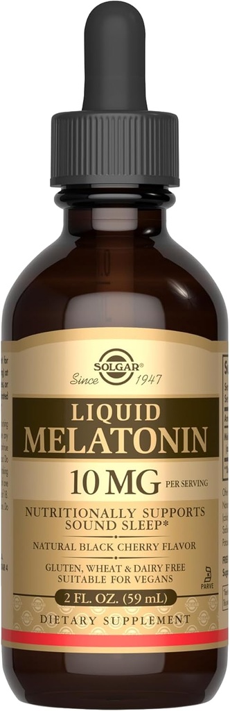 SOLGAR Melatonina líquida 10 mg, Natural Black Cherry Flavor - 2 fl oz - Ótimo para Jet Lag - Vegan, Gluten & Dairy Free, Kosher - 59 Servings