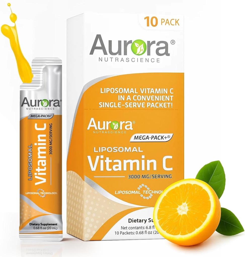 Aurora Nutrascience Mega-Pack Liposomale Vitamine C, Immune Support, 3.000 mg Per Serving, Vegan, Glutenvrij, Niet-GMO, 10 Single Serve Packets, Oranje
