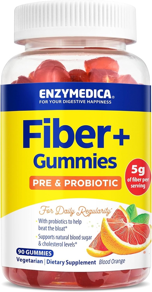 Fibra Enzimedica+ Gummies com prebióticos e probióticos para regularidade diária, vegetariana, 5g Fibra, Suplemento de fibra natural, para homens e mulheres, sabor laranja sangue, 90 ct