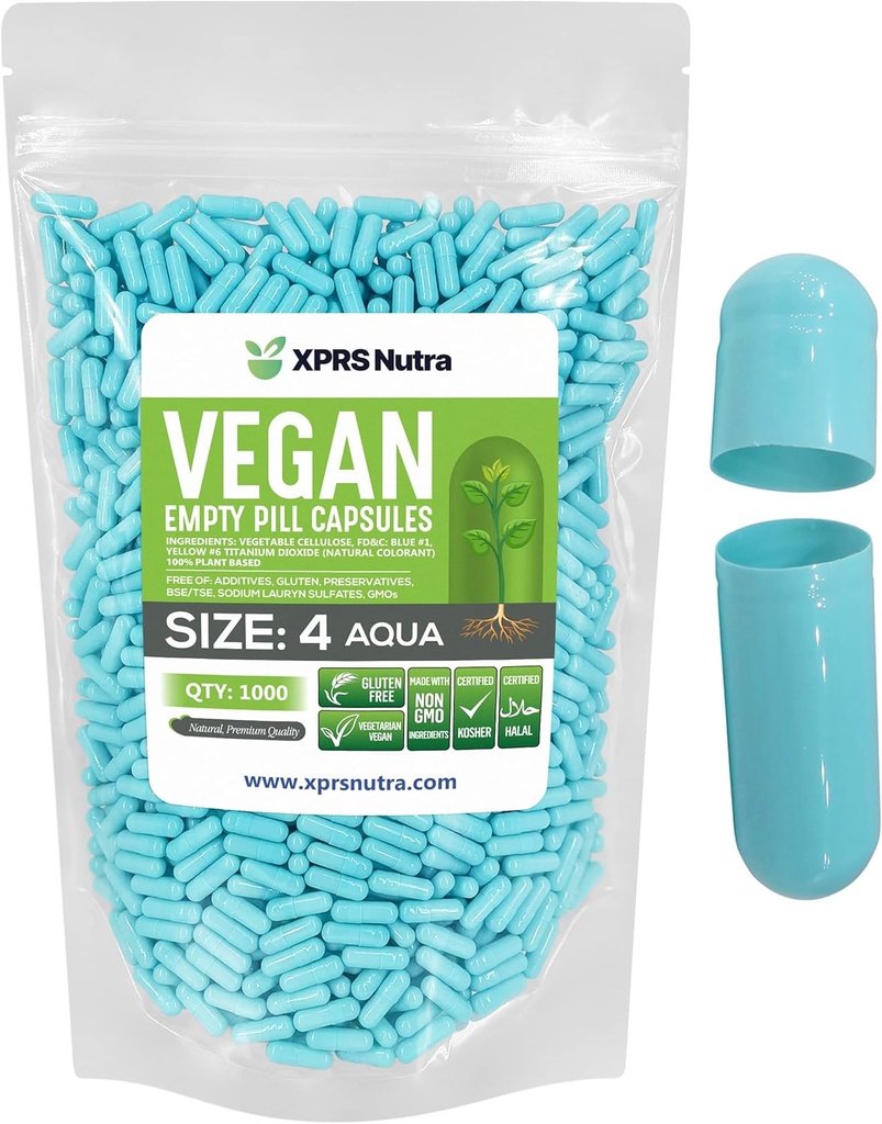 XPRS Nutra Dimensiune 4 Capsule goale - 1000 Conte capsule Vegan mici goale - capsule de legume DIY umplere - Fillable Do-It-Yourself Veggie Pill Capace pentru suplimente (Aqua)