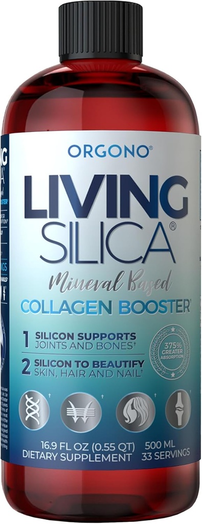 Orgono Living Silica Collagen Booster ← Vegan Mineral-Based Silica Suplemento Silencioso Apoyos Saludable Collagen &amp; Elastin Producción para Soporte Conjunto &amp; Bone, Esquía de Glowing, Pelo fuerte &amp; uñas  16.9 Fl Oz