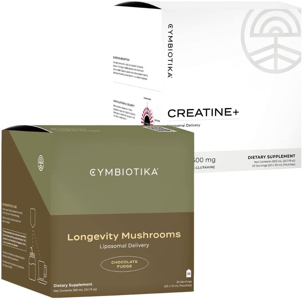 CYMBIOTIKA Liposomal Mushroom Suplemento " Creatine+ Bundle, Lion's Mane, Turquía Tail, B-Vitamins, Cordyceps " Reishi Mushrooms, Amino Energy, Recovery, " Muscle Mass