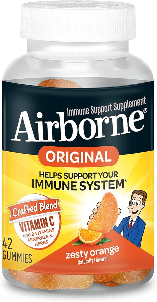 Airborne Vitamiin C 750mg (per Serving) Zesty Orange Maitsestatud Gummies (42 Loe pudelis), Gluteenivaba immuunsüsteemi tugilisa vitamiinidega A C E, Selenium, Echinacea, Ingver, Antioksüdant