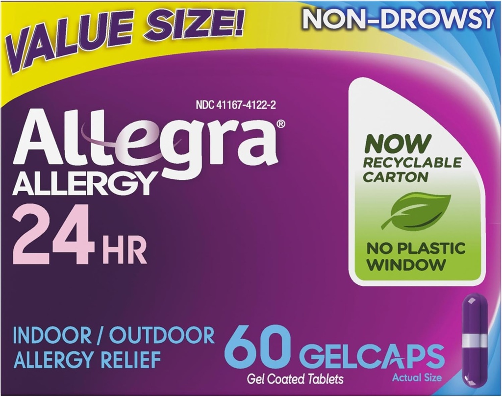 Allegra Adult 24-Hour Allergy Relief Gelcaps, Non-Drowsy Indoor and Outdoor Allergy Medicine, 180 mg Fexofenadine HCI Antihistamine Pill, 60-Count