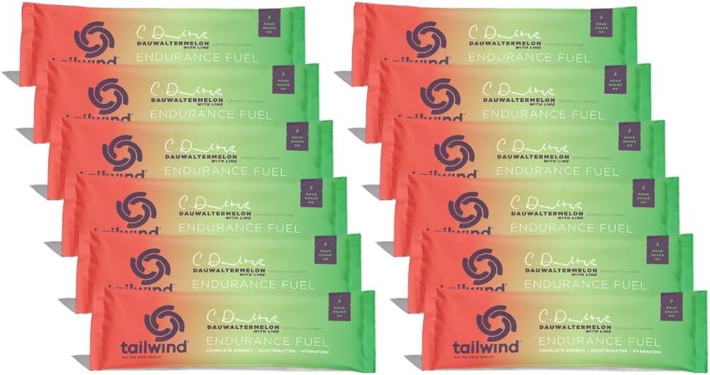 Tailwind Nutrition Endurance Fuel, Grab-and-Go Sports Drink Powder Mix with Electrolytes, Non-GMO, libre de soia, leite, e Gluten, Vegan-Friendly, Dauwaltermelon, Pack de 12