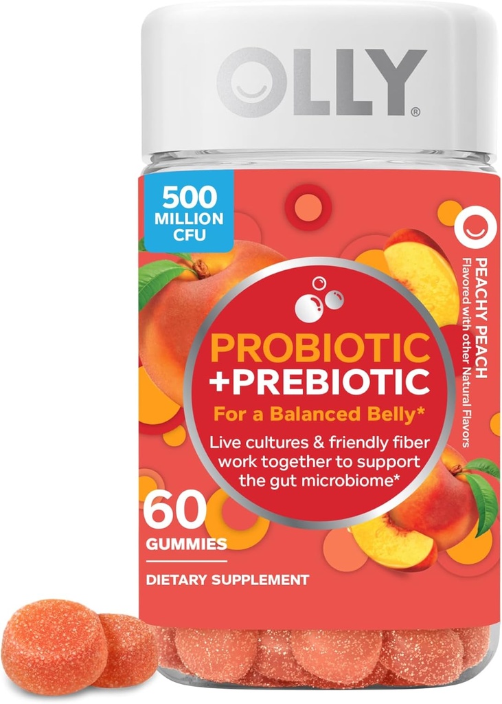 OLLY Probiotic + Prebiotic Gummy, Supporto Digestivo e Salute Gut, 500 milioni di CFU, Fibra, Adulto Chewable Supplement per Uomini e Donne, Peach, 60 giorni di alimentazione - 60 Conte