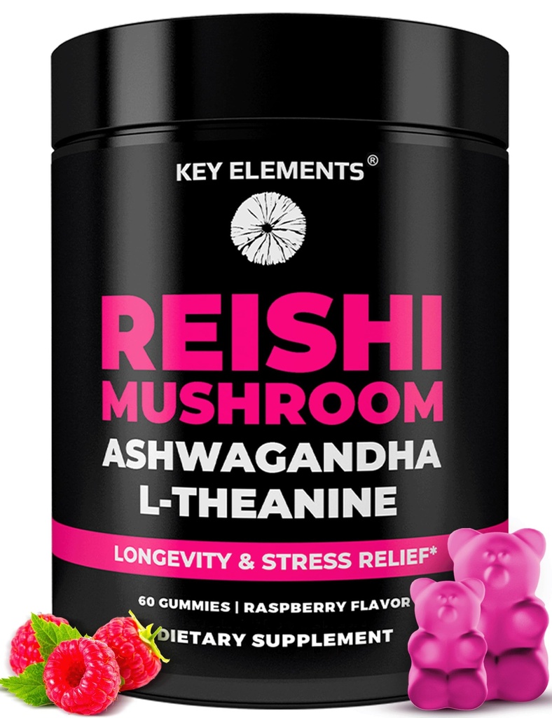 Natural Reishi Mushroom Gummies & L Theanine with Ashwagandha - Potent Mushroom Supplements for Immune Support, Stress Relief & Improve Sleep Gummies - Ashwagandha Gummies for Women & Men