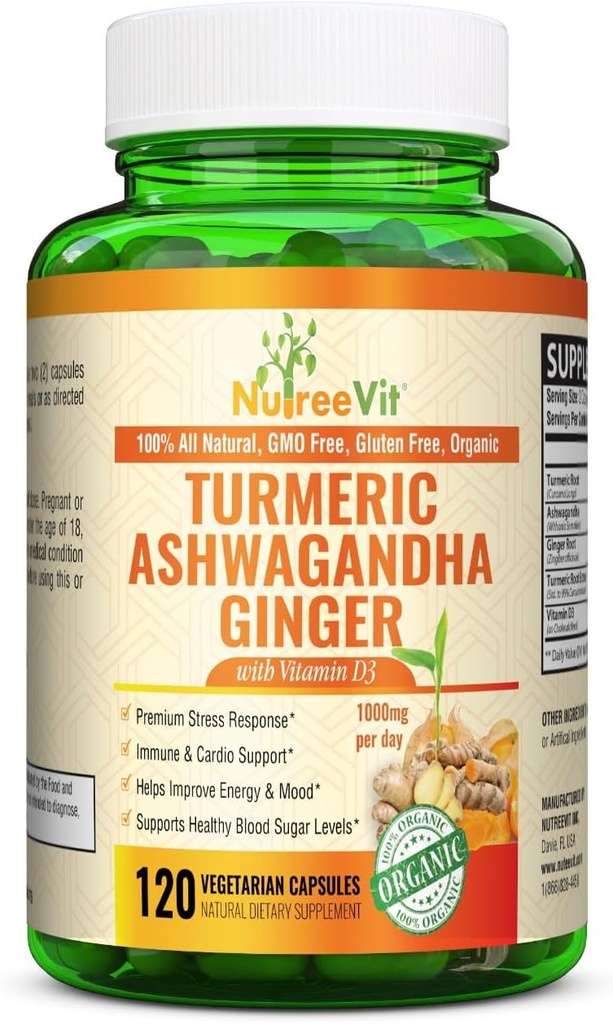 NumetVit Organic Turmeric with Ashwaranda & vinda - 120 Capsules | Ashwaranda Root & Turmeric Supplement with eptember D3 | Herball Supplement for Begal Wellness